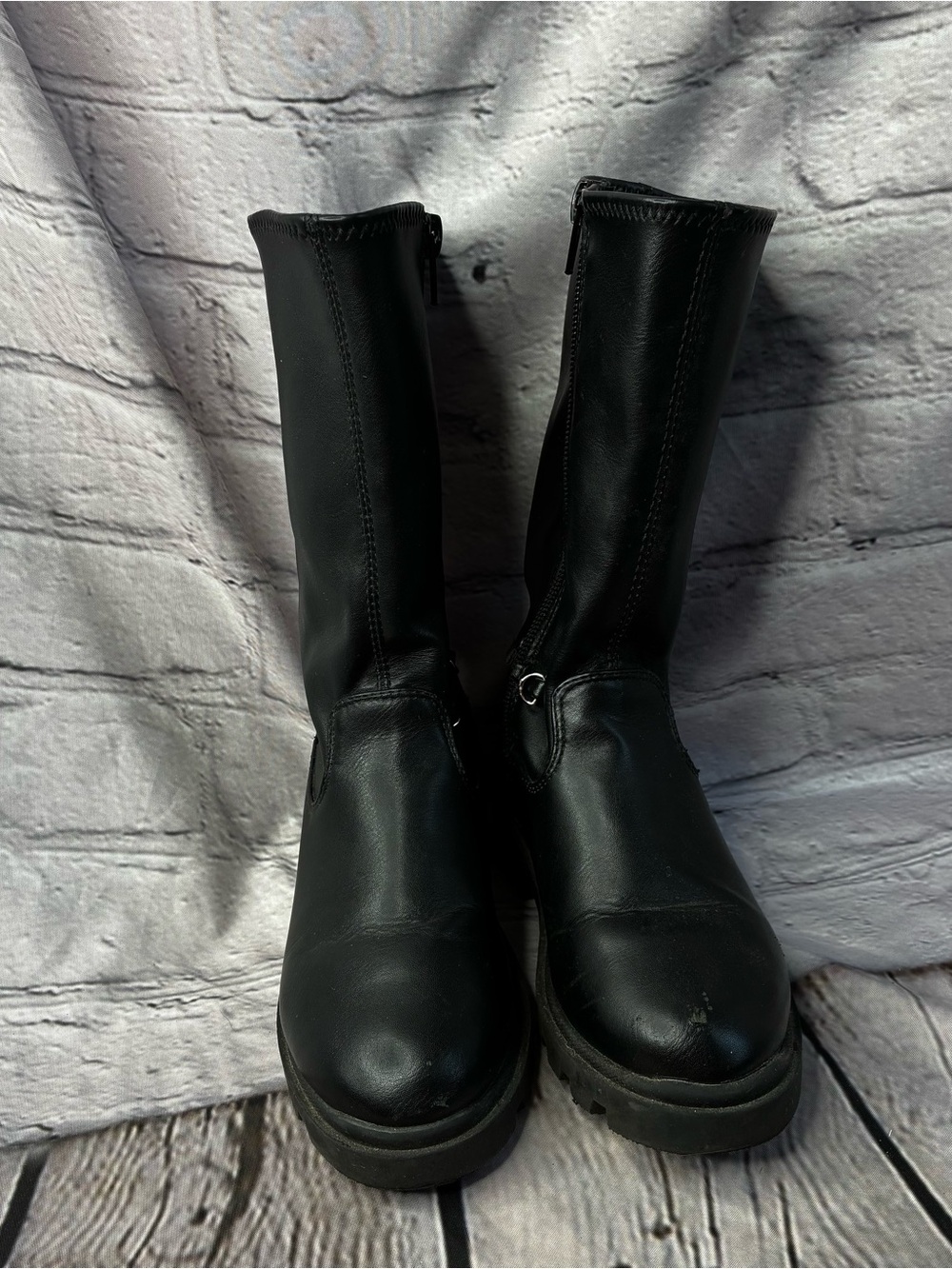 Steve Madden Girls Black Mid-Calf Zip-Up Pleather Lug Sole Boots Sz 11 AS IS GUC - Picture 4 of 11
